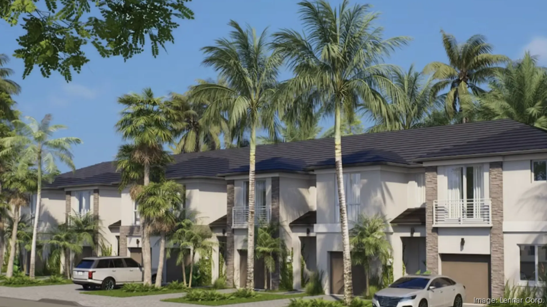 Rendering of proposed modern townhomes surrounded by palm trees in West Boca Raton, part of Lennar’s planned redevelopment of the Boca Lago Golf & Country Club into a luxury residential community.